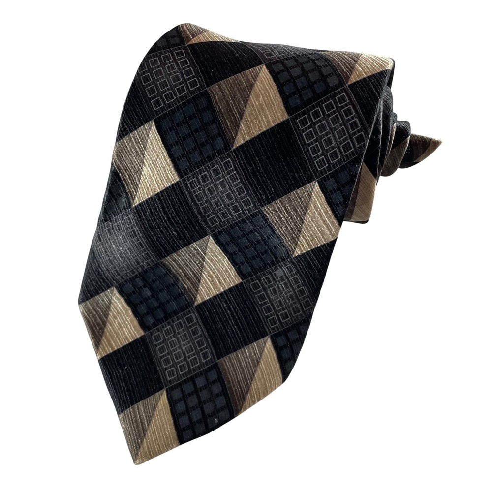Murano Italia Mens Silk Geometric Pattern Tie Black Gold Formal‎ Necktie